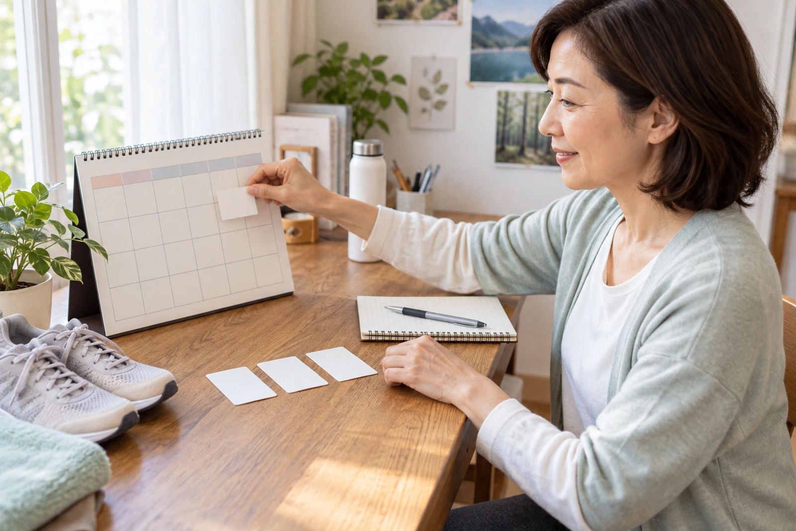 空白のカレンダーへ趣味の試行カードを置く50代女性