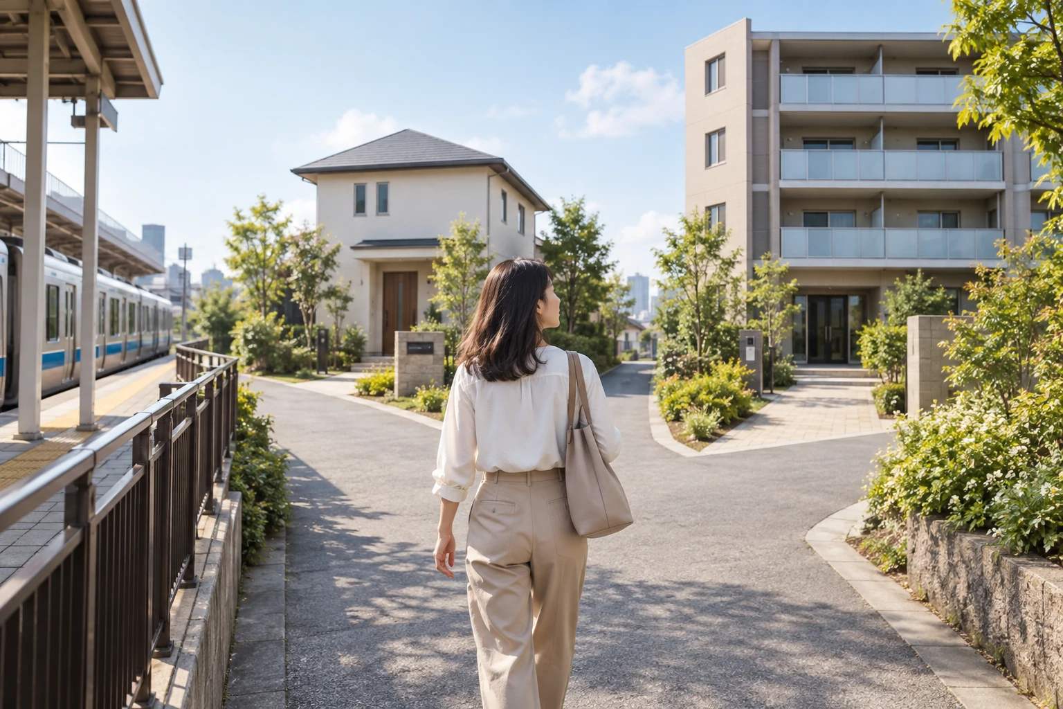 駅から住宅地へ歩きながら賃貸戸建てとマンションを比べる女性