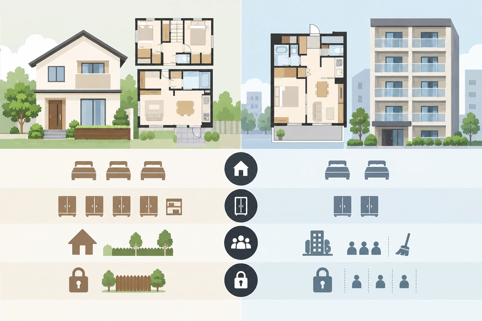 賃貸戸建てとマンションを間取りや収納や管理やプライバシーで比べる図解
