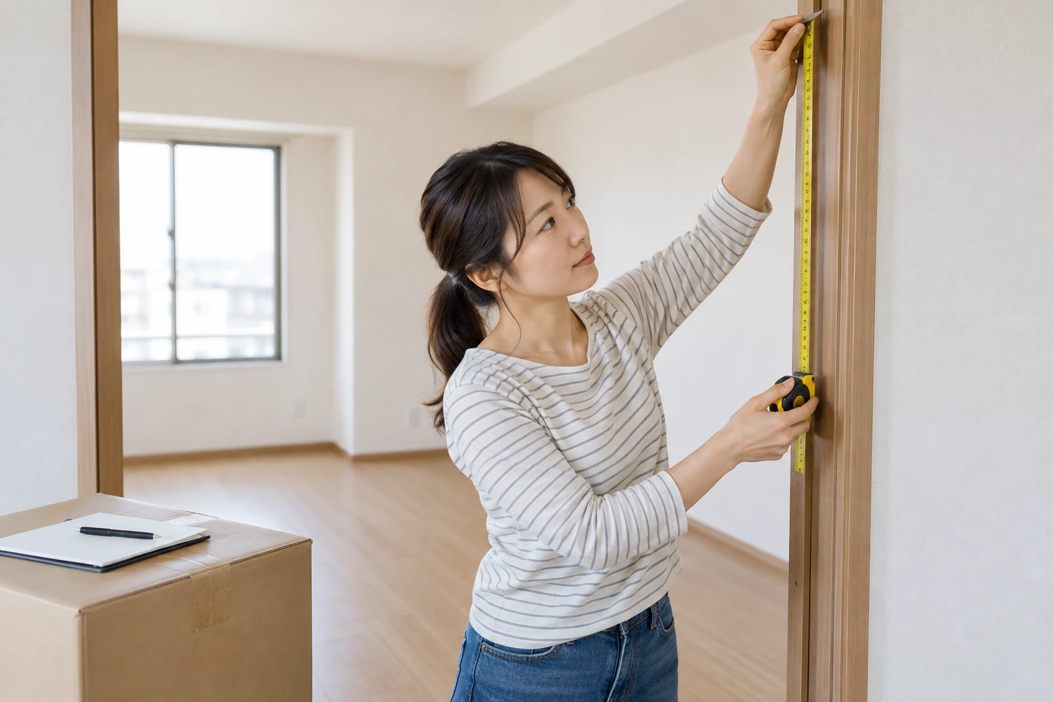 家具の搬入を考えて賃貸物件のドア幅を測る女性