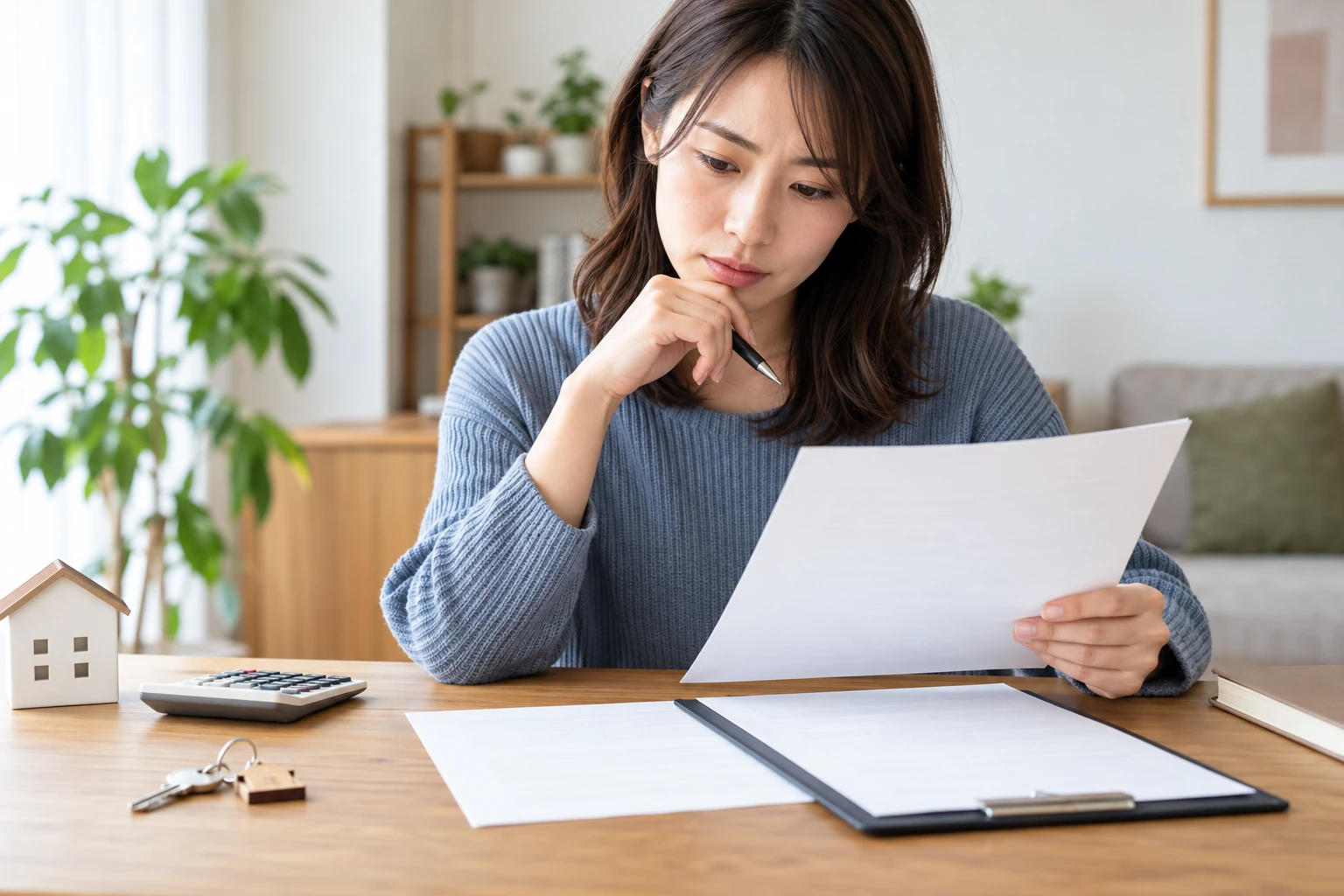 賃貸契約の費用と特約を電卓で確認する女性
