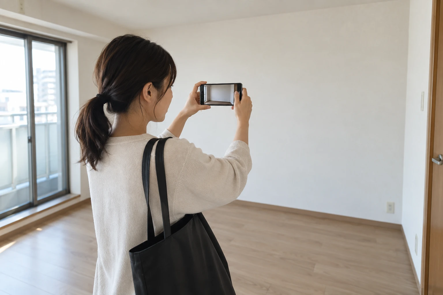 入居前の部屋の状態をスマートフォンで記録する女性