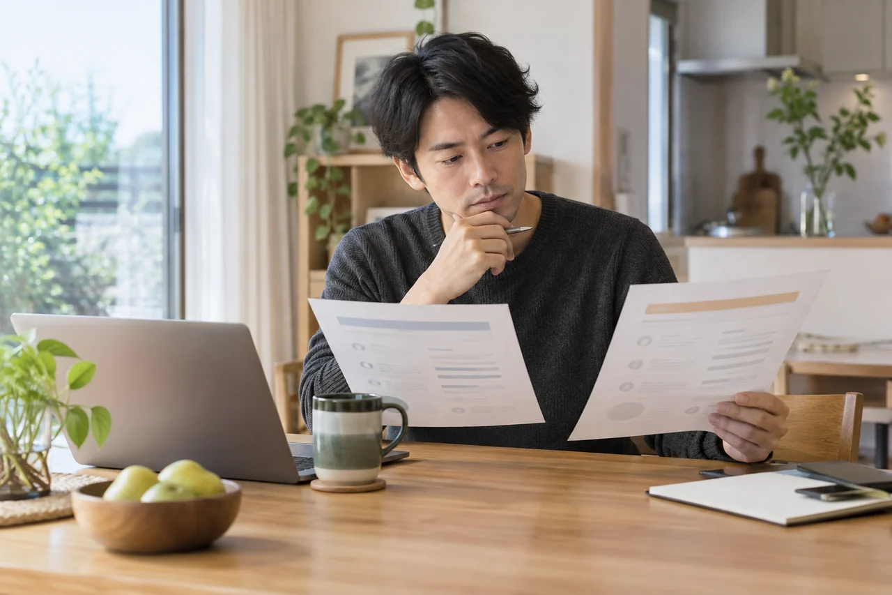 架空の30代会社員が転職先へ応募するか保留するか条件表で確認する様子