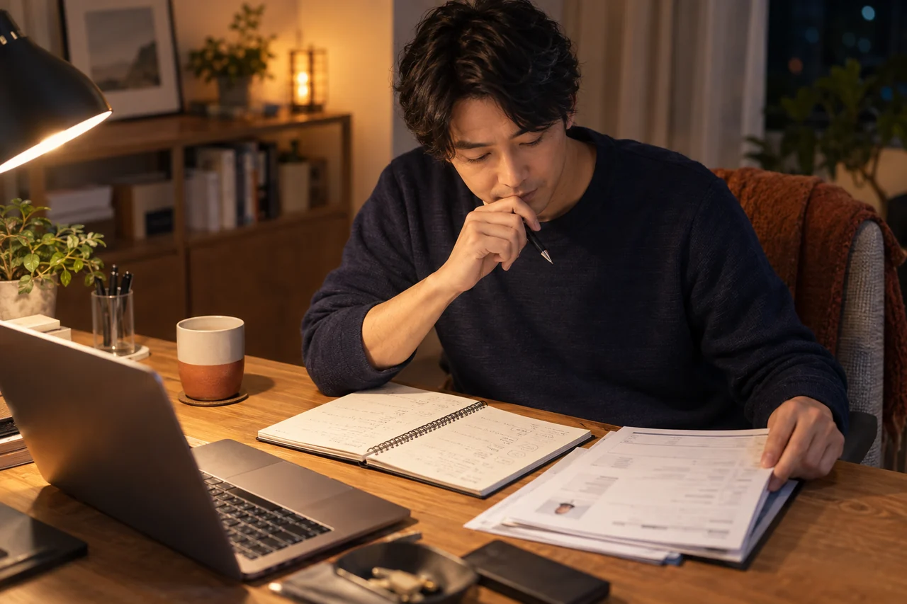架空の30代会社員が転職相談で聞く勤務条件をノートに整理する様子