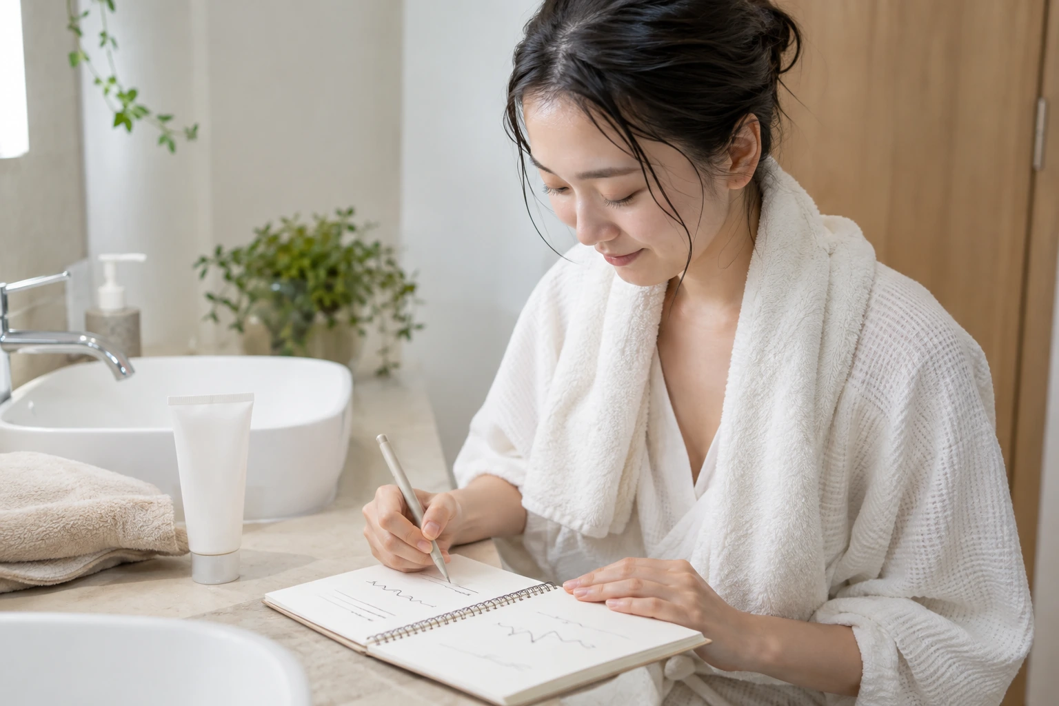 洗顔後の肌の様子を手鏡ではなくノートに記録する女性