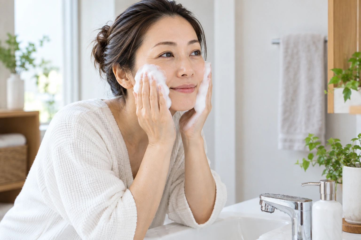 洗顔料を泡立てて頬に強くこすらずのせる手元