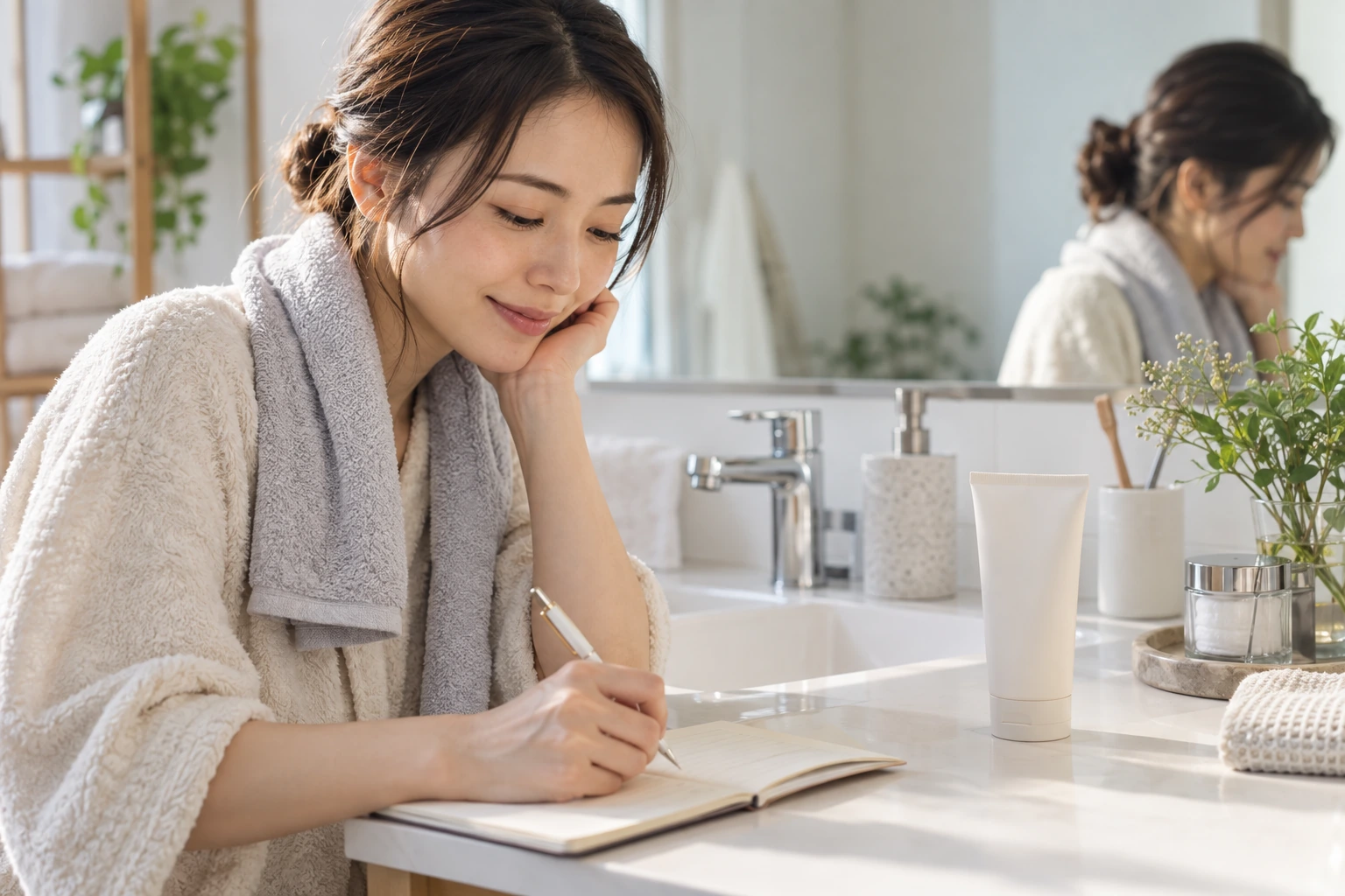 洗顔料の使用を止めるか相談するかをメモする手元