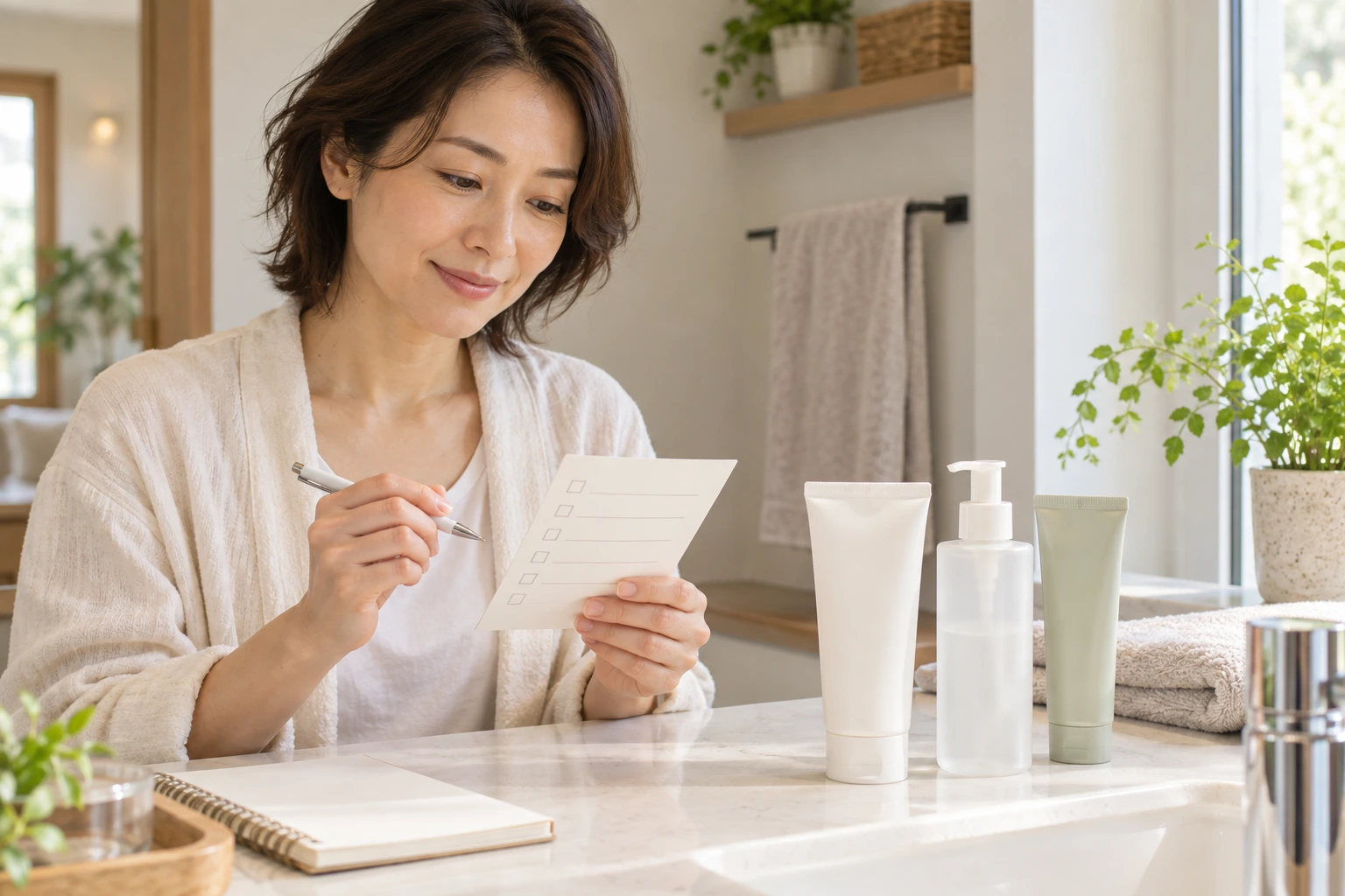 洗顔料を選び直す条件をチェックリストで確認する場面