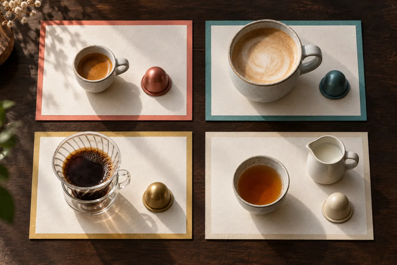 短い一杯、マグ、ドリップ、お茶を表した四つの無文字コーヒーカード