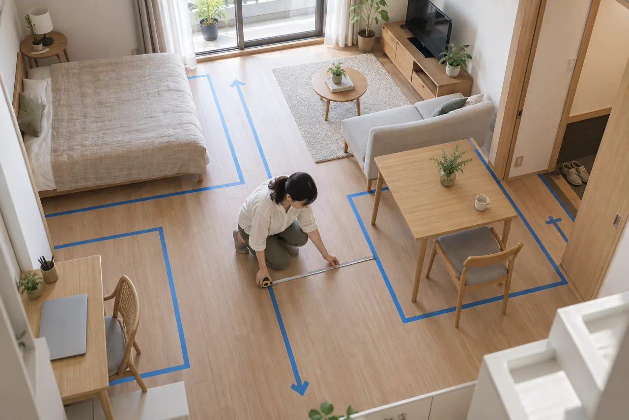 小さな部屋の家具動線と収納の開閉を内見で確認する女性