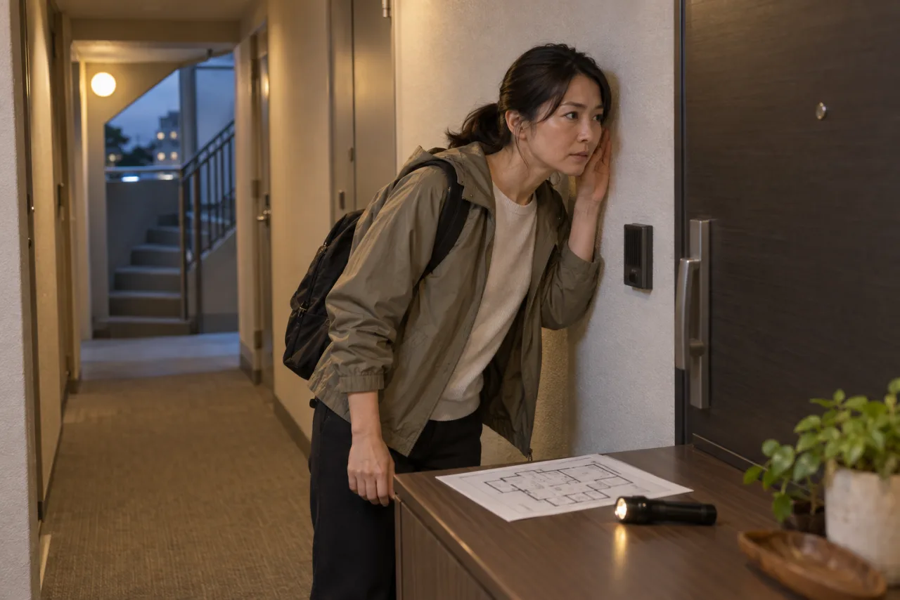 小さな部屋で音と匂いが届く経路を確認する女性