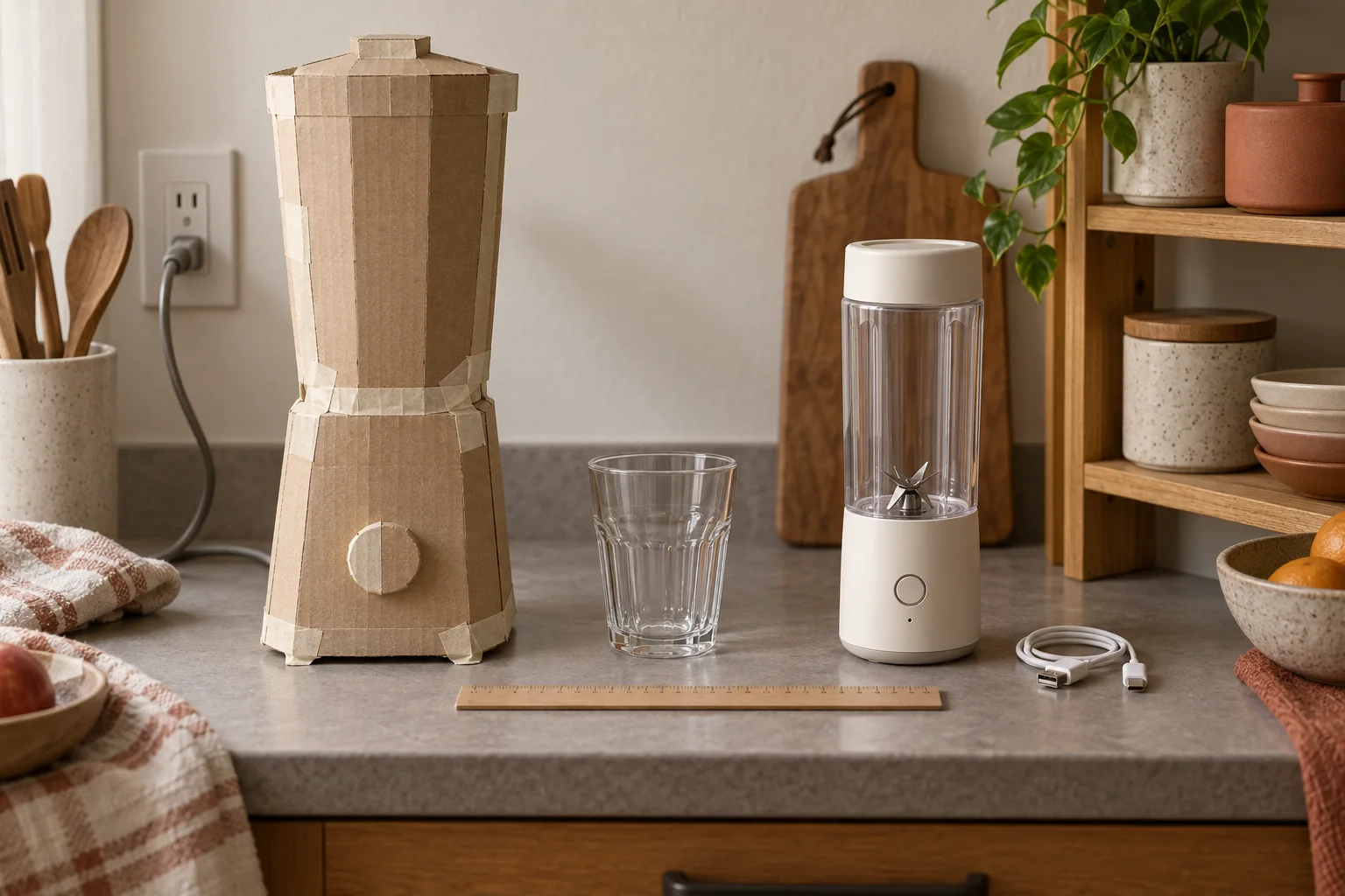 厚紙で作った据え置きブレンダーの模型と小型コードレスブレンダーを台所で比べる様子
