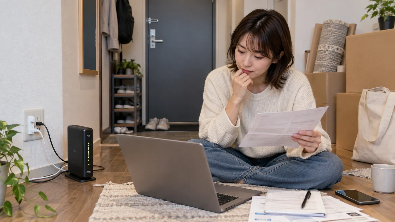 賃貸の壁端子、ルーター、ノートパソコン、引っ越し箱を見ながら契約開始日を確認する様子