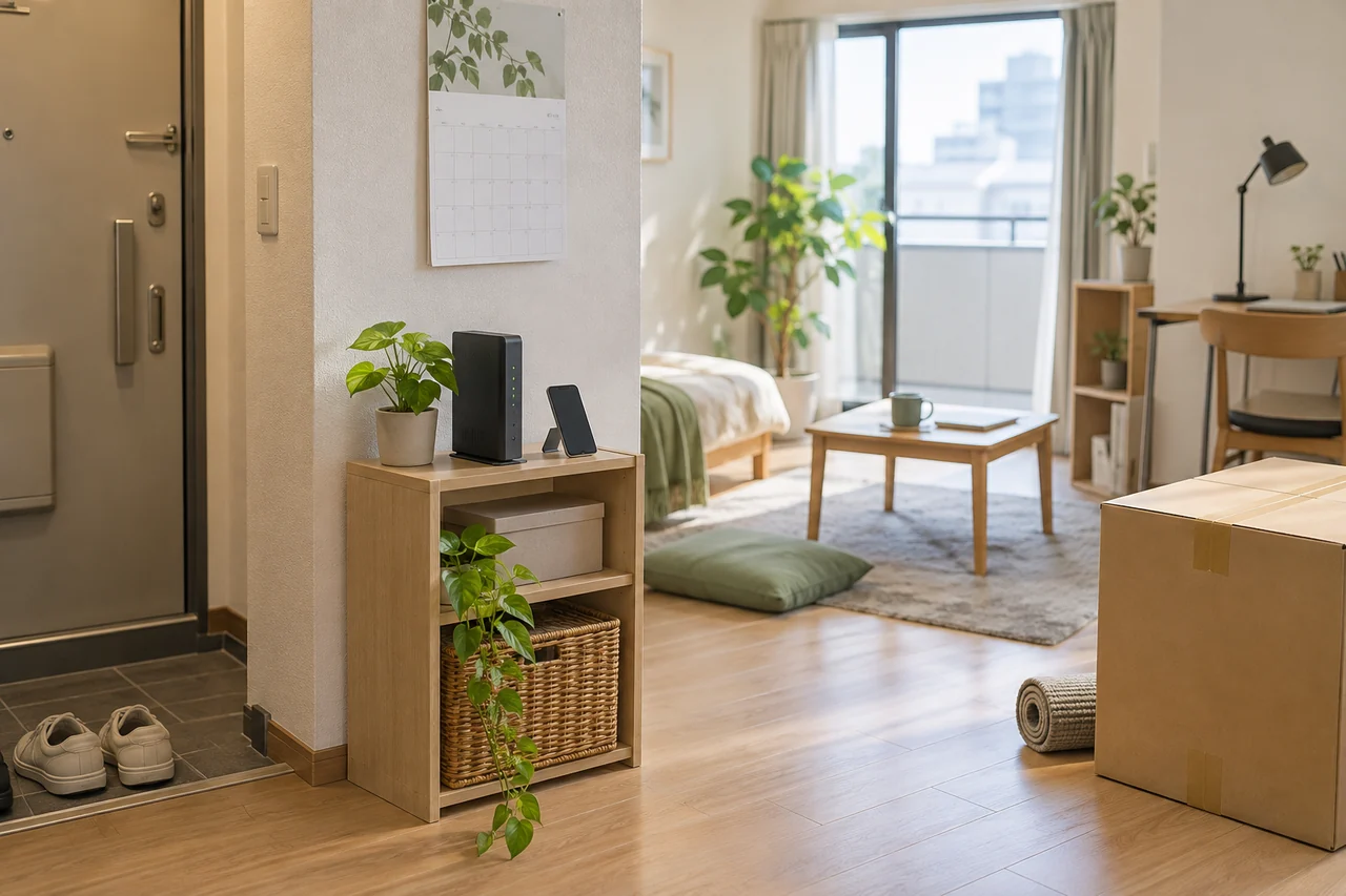 一人暮らしの部屋でルーター、スマートフォン、カレンダー、引っ越し箱を使い開通日と代替を確認する様子