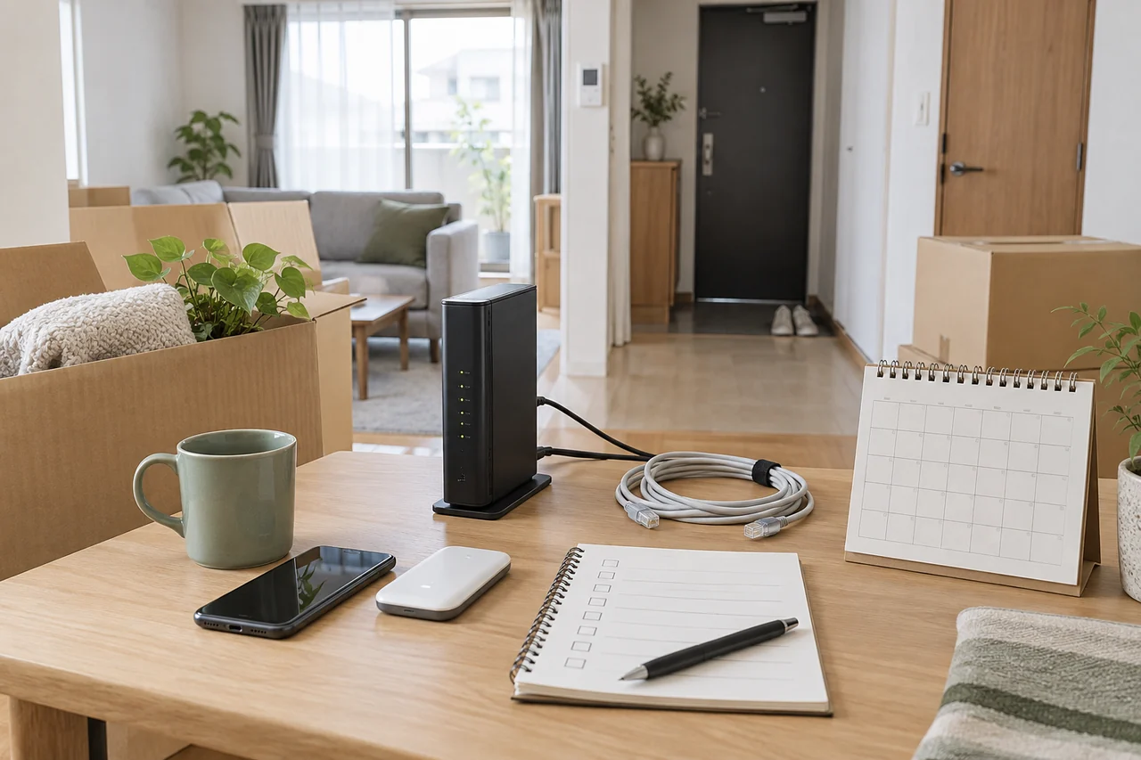 一人暮らしの引っ越し前にルーター、スマートフォン、ケーブル、返却確認のノートを整理する様子