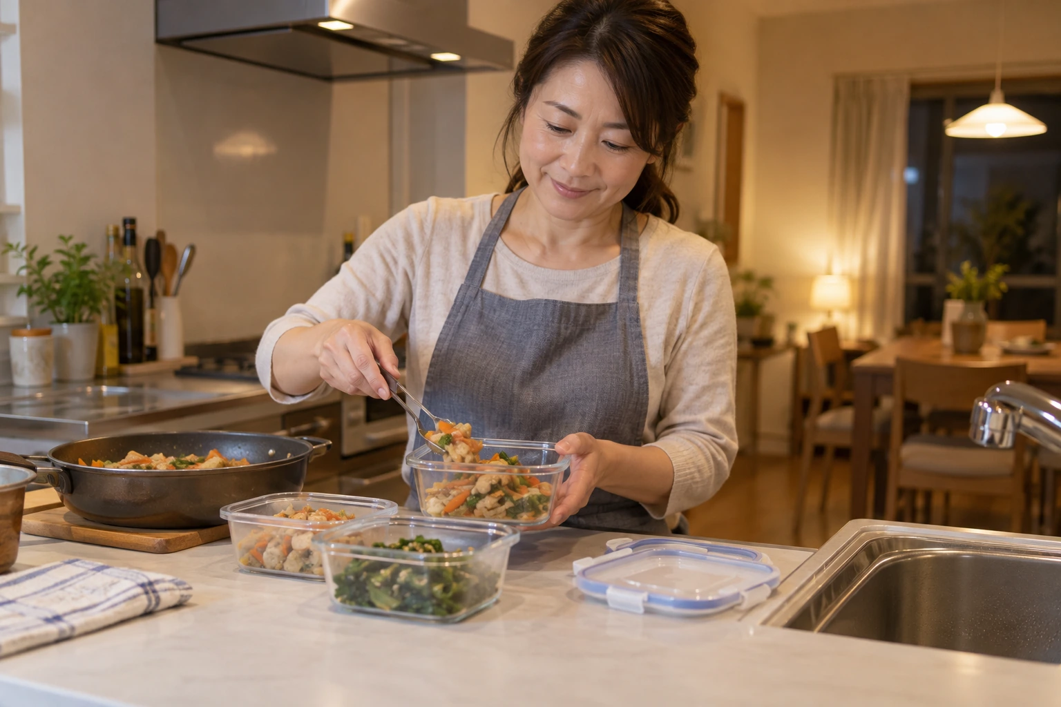 惣菜や冷凍食品を使いながら一人分の食事を組み立てる女性