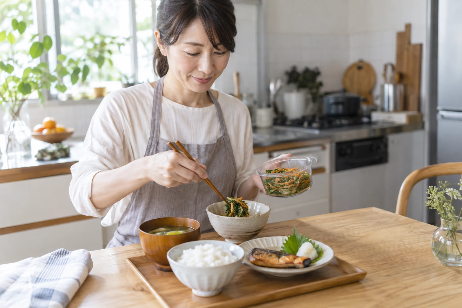 一人分の食事を清潔な容器へ小分けする女性