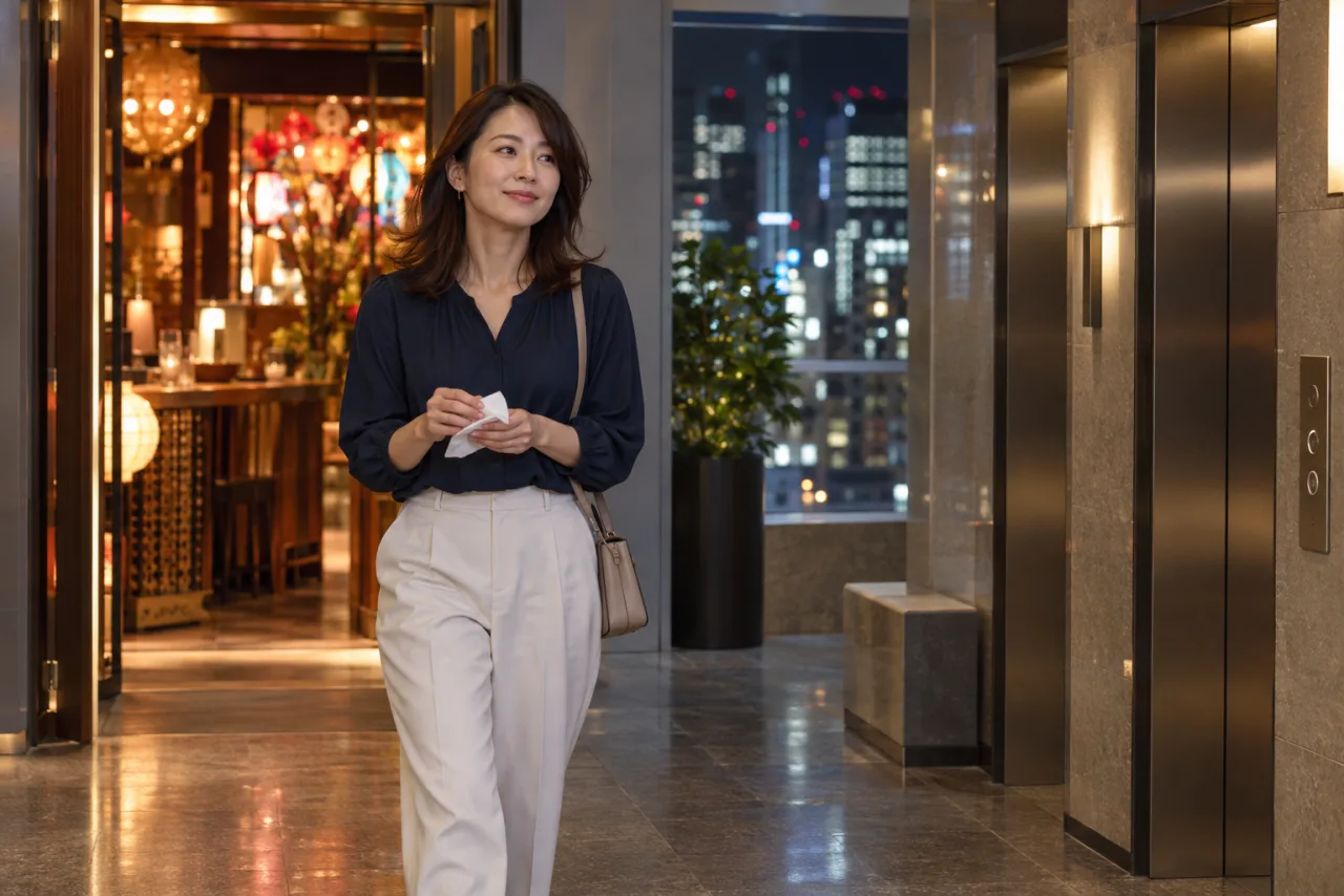 にぎやかな店を出て夜のエレベーターホールを歩く女性の場面イメージ