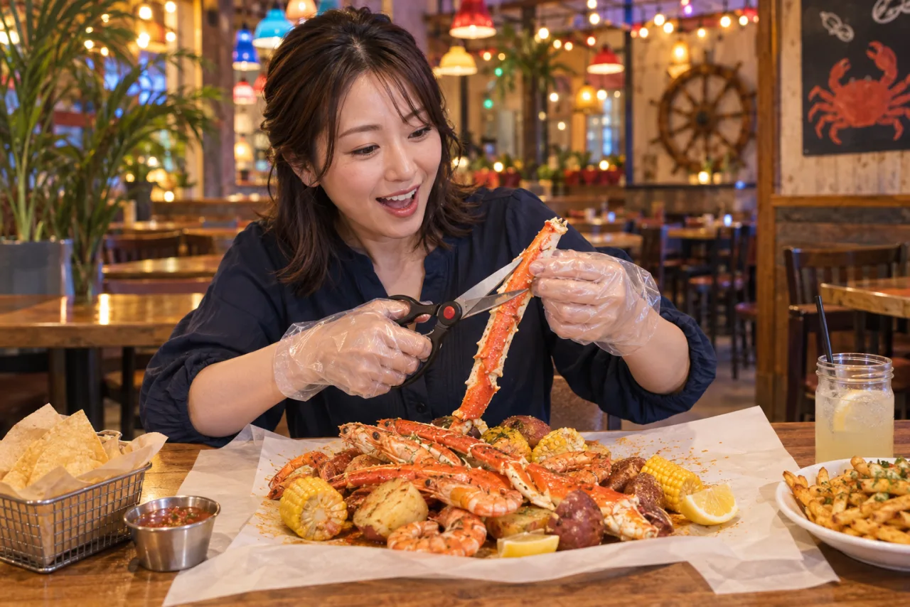 一人席で手袋とハサミを使いカニやエビの手づかみ料理を楽しむ女性の場面イメージ