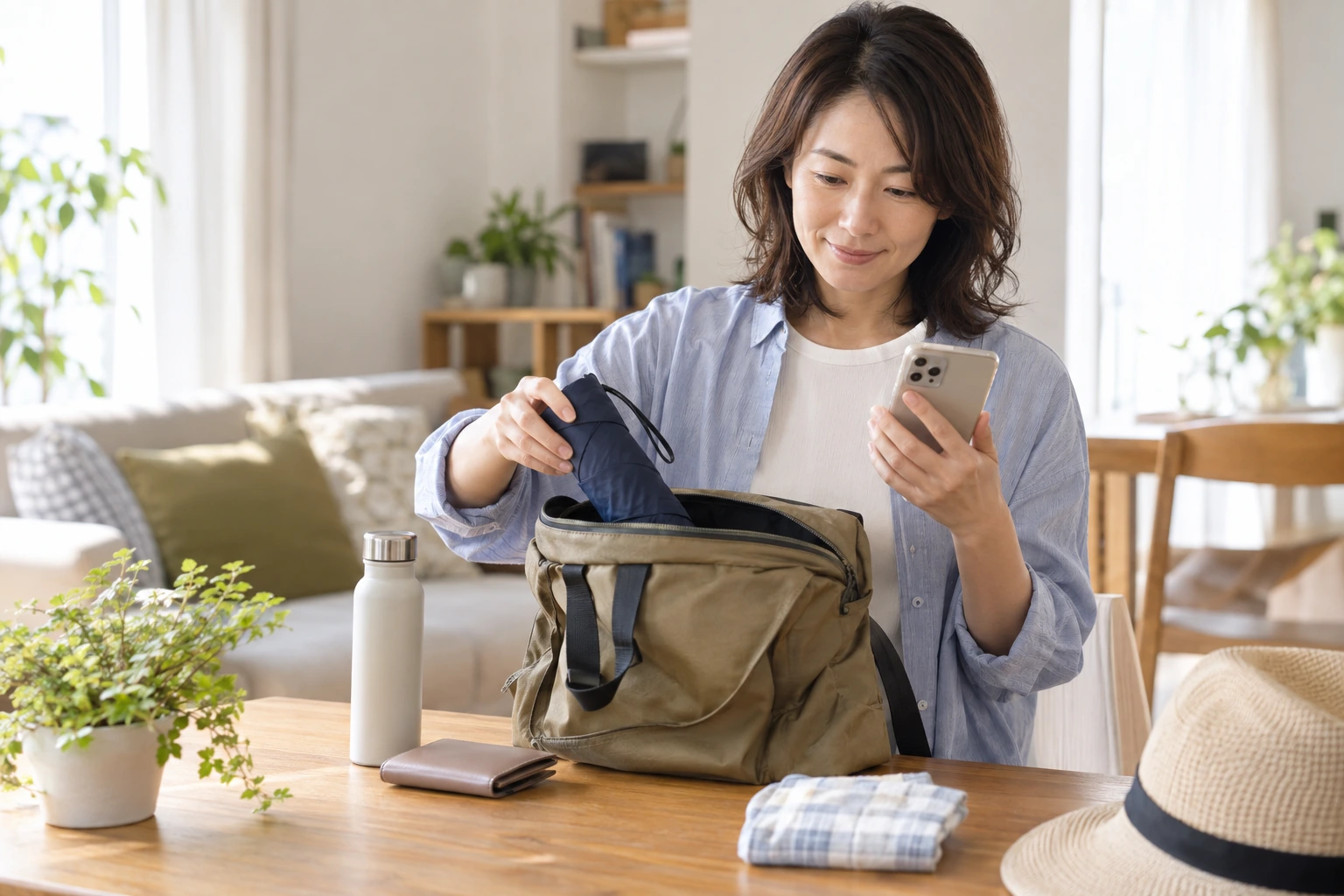自宅で日帰り旅行の持ち物と予算を確認する女性