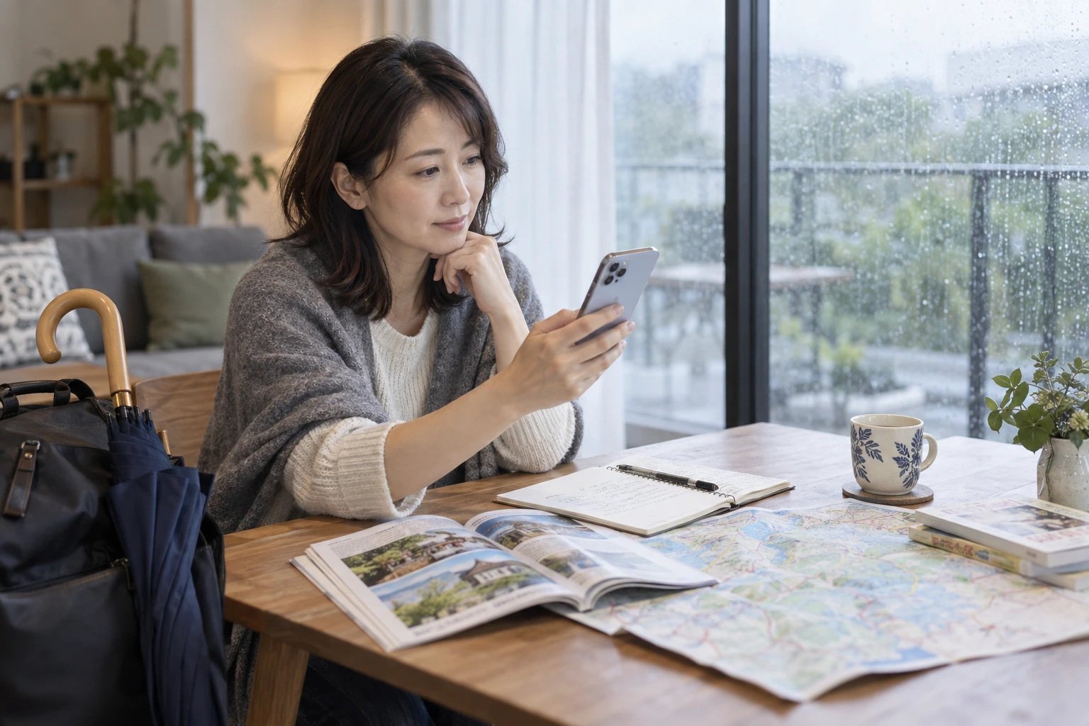ひとり旅の途中で休憩する女性