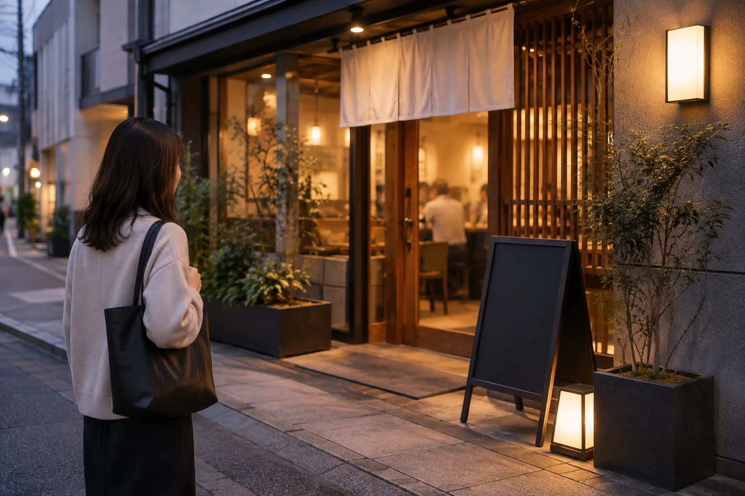 一人で入る店を外から確認する女性