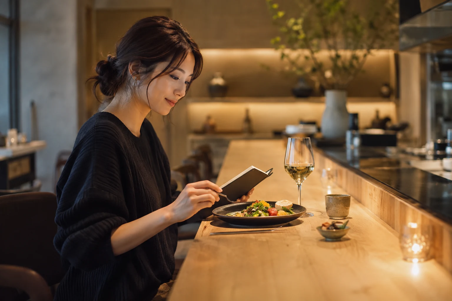 一人で落ち着いて食事の時間を過ごす女性
