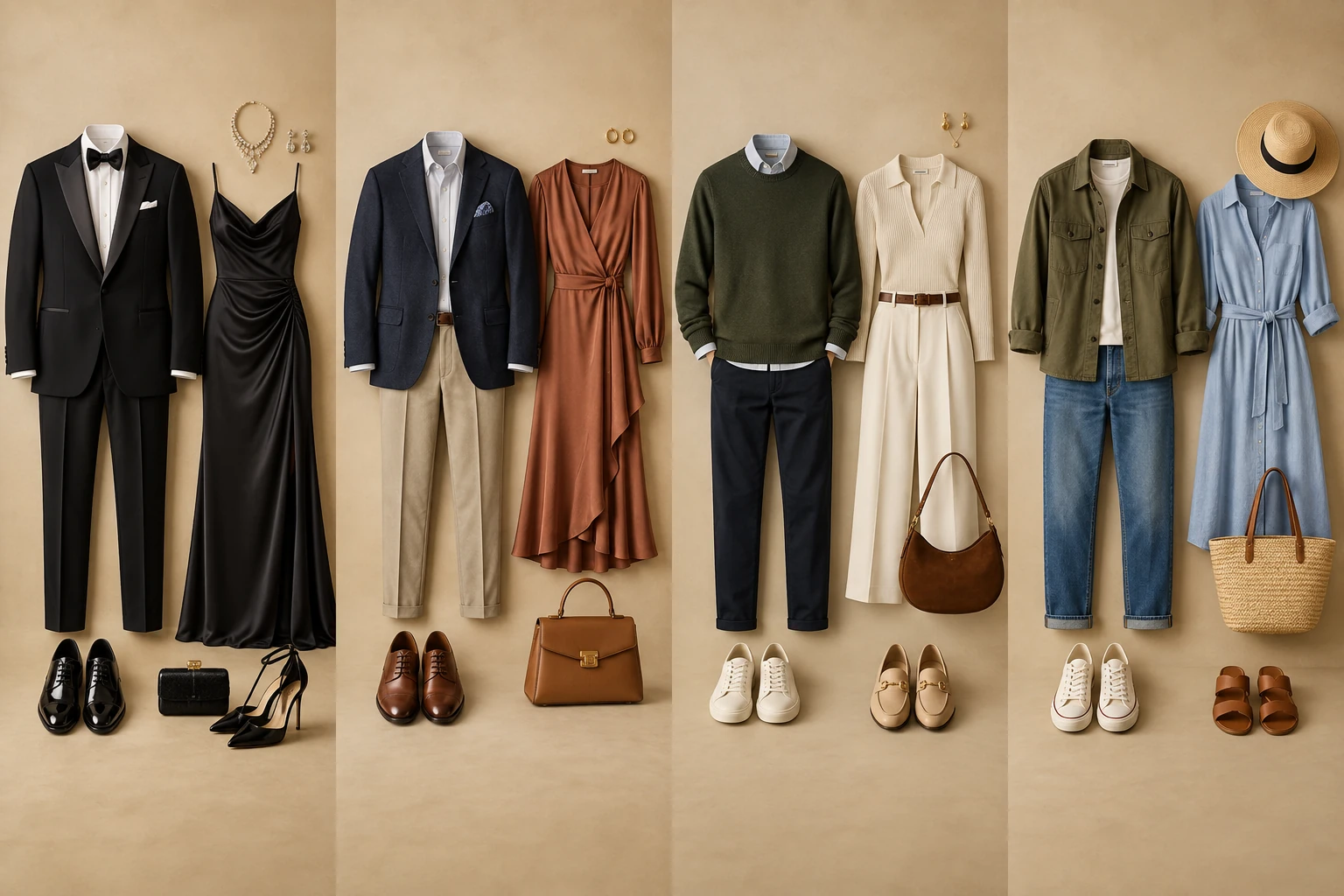 フォーマルからカジュアルまでの服装の段階を示す図解