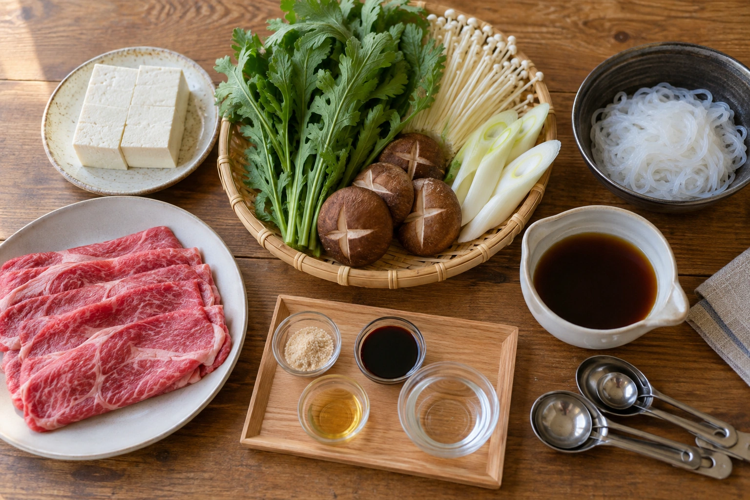すき焼きの材料を一人分に分けて準備する様子