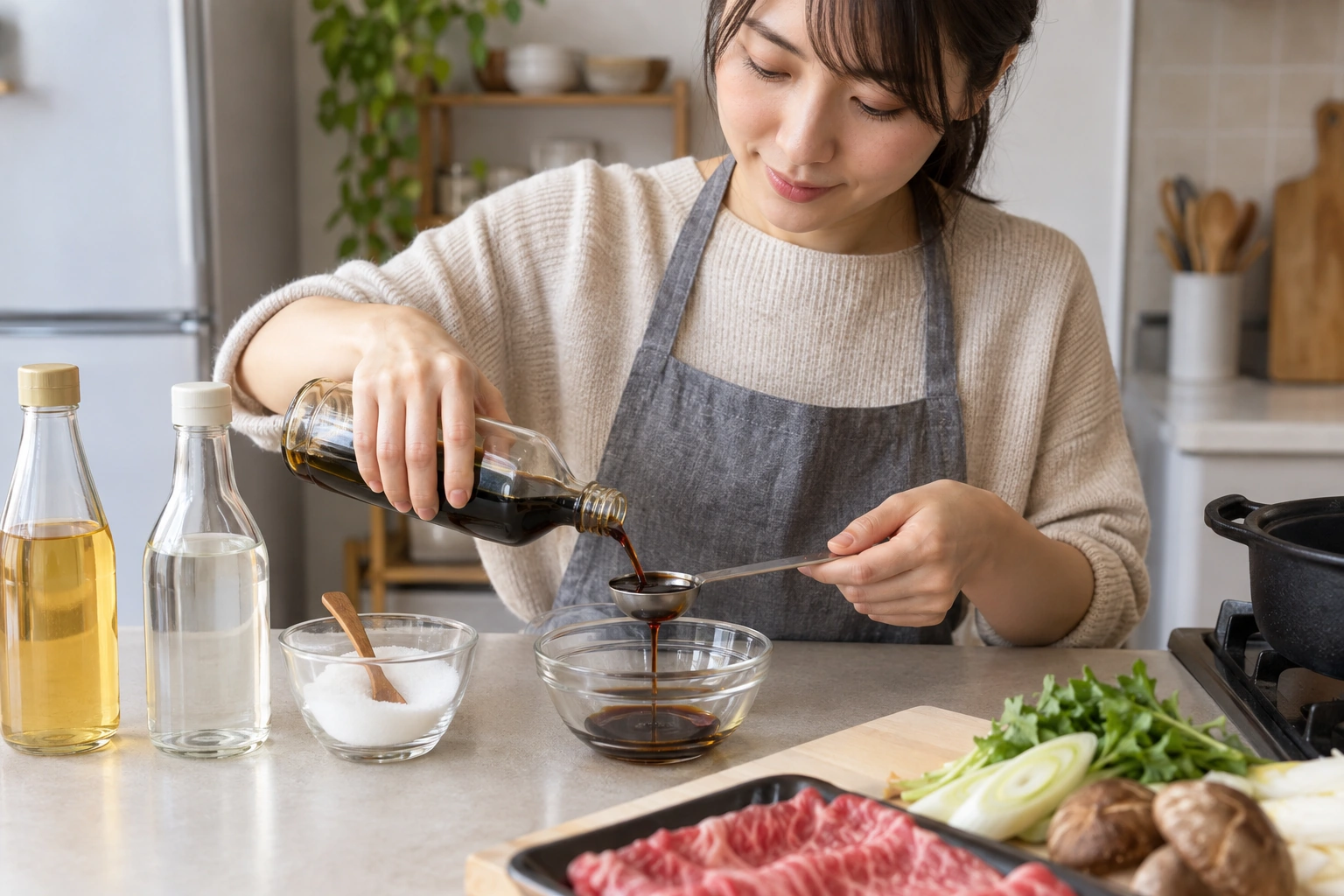 一人分の割り下を計量スプーンで準備する日本人女性