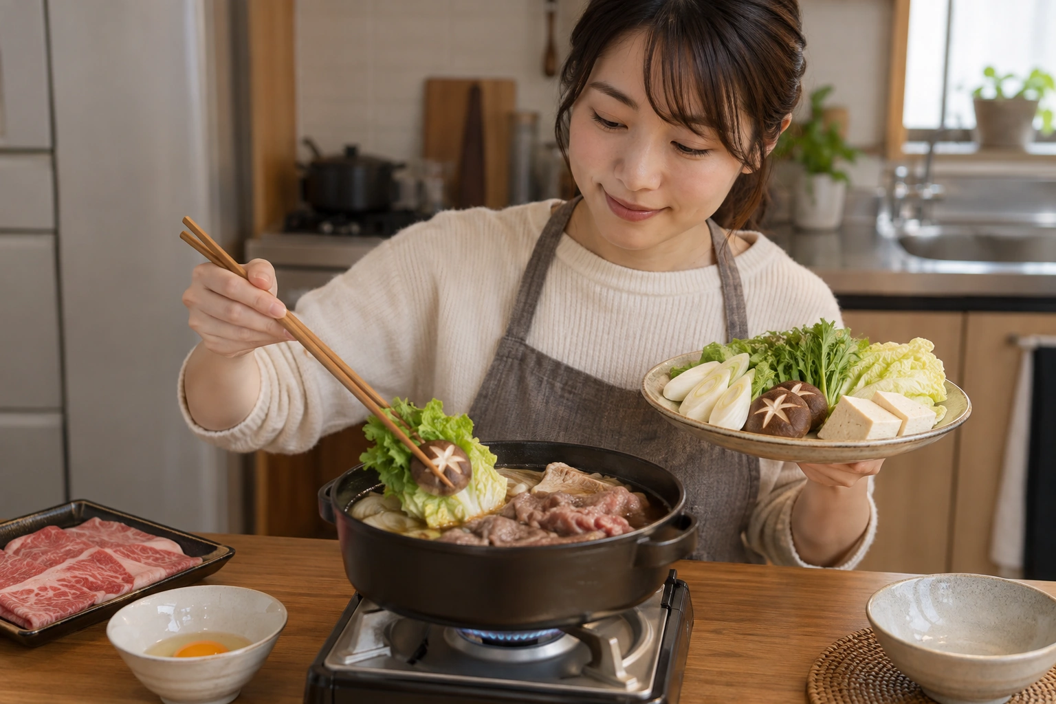 一人鍋で牛肉と野菜を順番に加熱する日本人女性