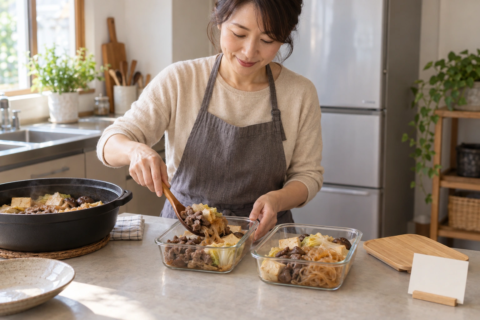 すき焼きの具材を保存容器に分けて冷蔵庫へ入れる場面
