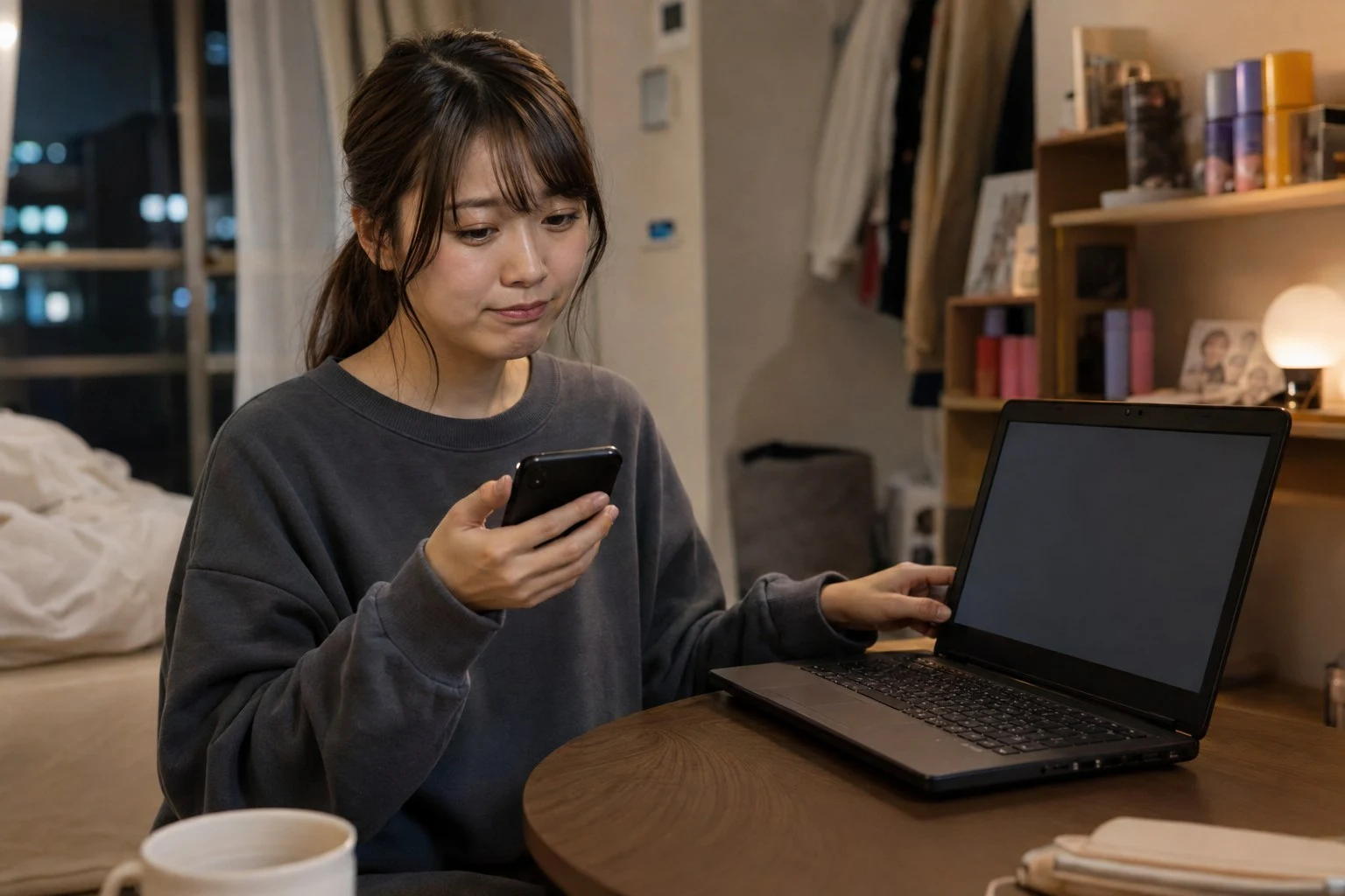動かなくなったノートパソコンと購入画面を見比べる栞さん