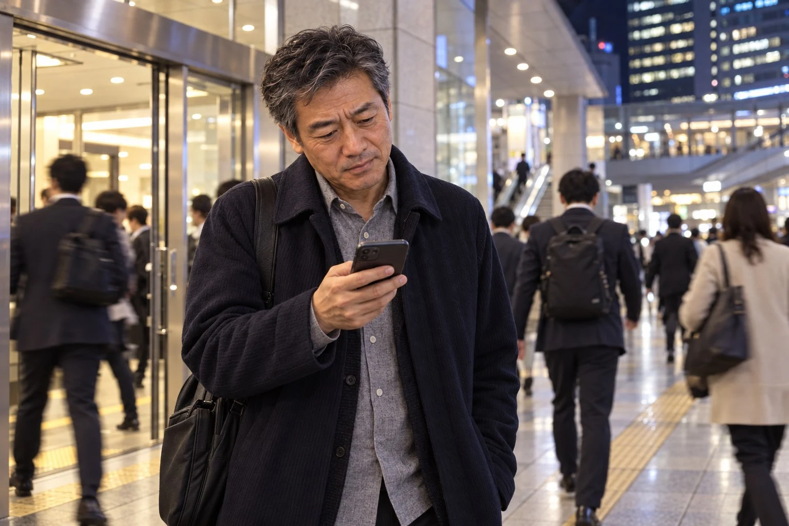 仕事帰りの梅田で父の通院連絡と再雇用条件表を見る聡さん