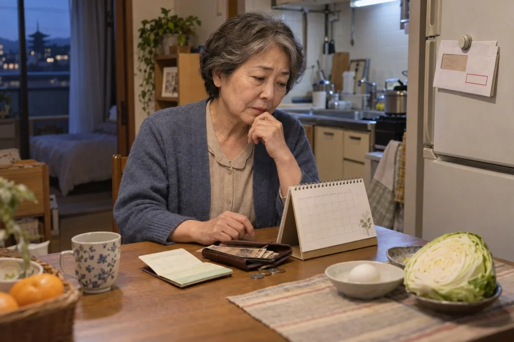 電気料金の封筒と財布を前に次の年金日までを数える和枝さん