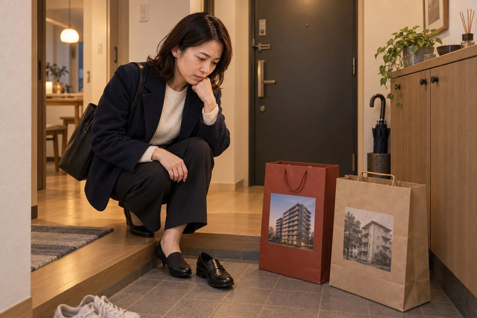 新築と中古マンションの二つの資料袋を玄関に置く佳奈さん