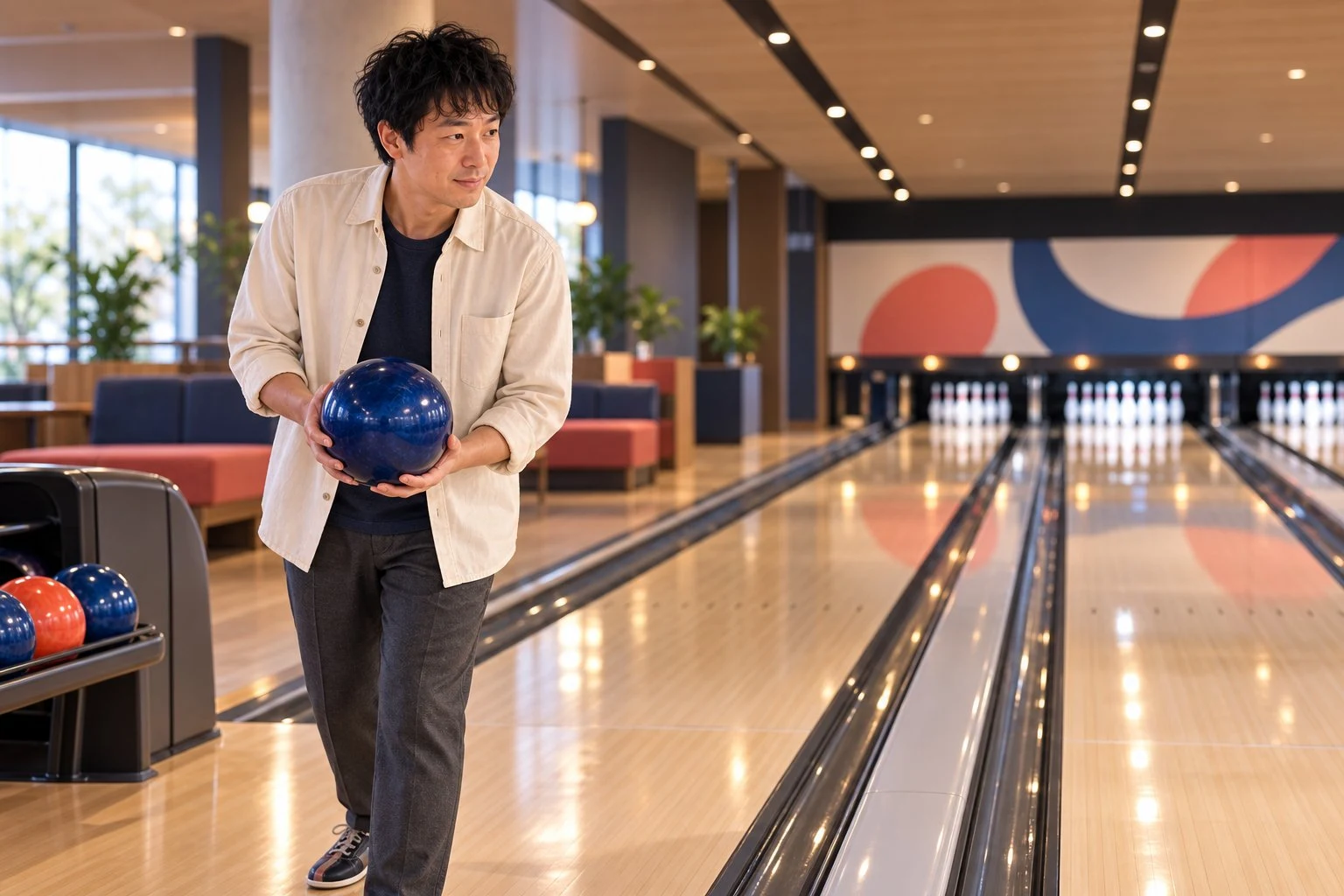 静かなボウリングレーンで青いボールを構える裕介さん
