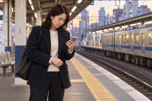 内見帰りの駅ホームで購入申込を促す通知を見つめる佳奈さん