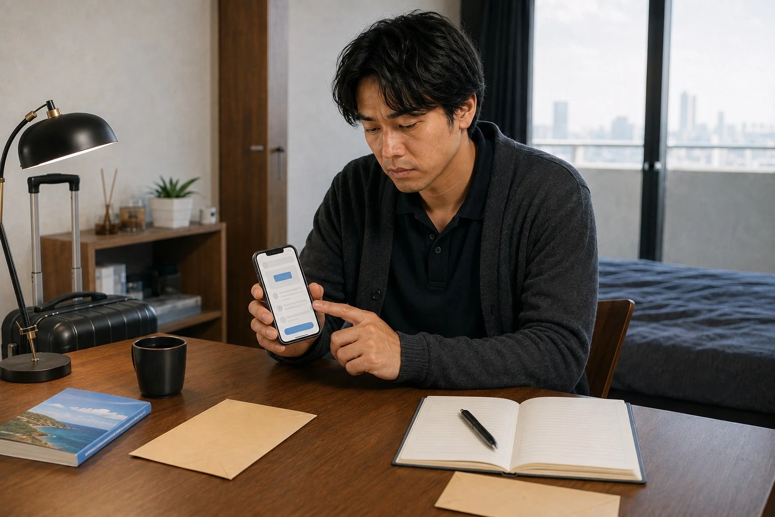 二つの封筒を分け、株の注文画面の前で立ち止まる健太さん