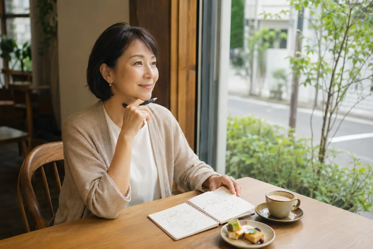 カフェの窓辺でノートを開き、これからの暮らしを落ち着いて考える女性