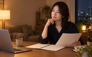 アイキャッチ：30代後半の日本人女性が転職と働き方を考えながら歩く様子