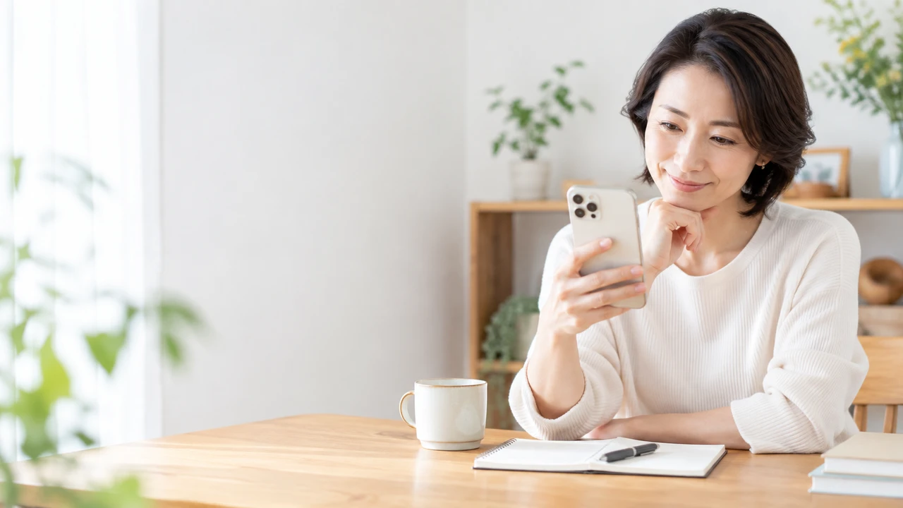 婚活パーティーの候補をスマートフォンで比べる女性