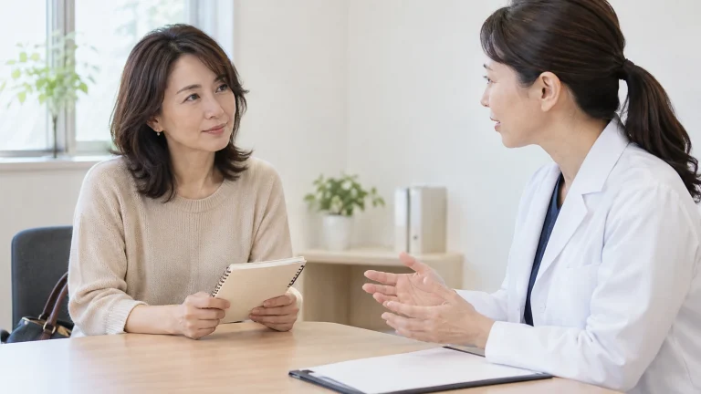 美容皮膚科の初診で女性医師に質問を伝える女性