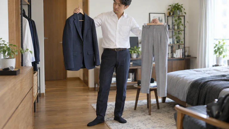 自宅でジャケットとシャツを選ぶ男性