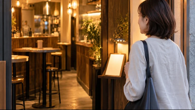 一人で立ち飲み店の入口を確認する女性