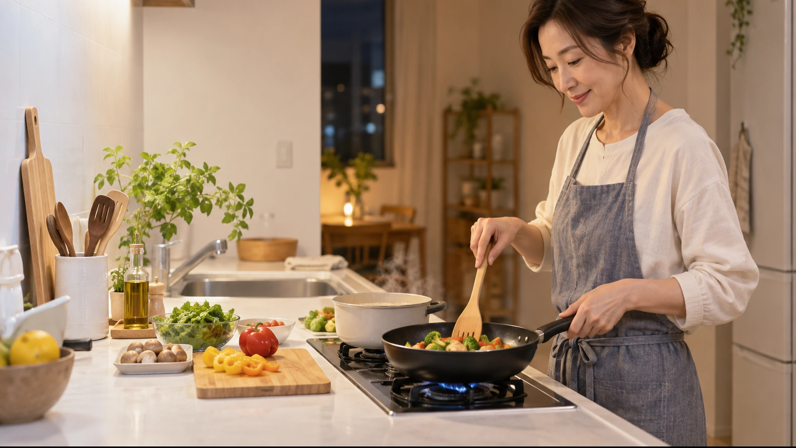 一人分の夕飯を一つのフライパンと鍋で作る女性