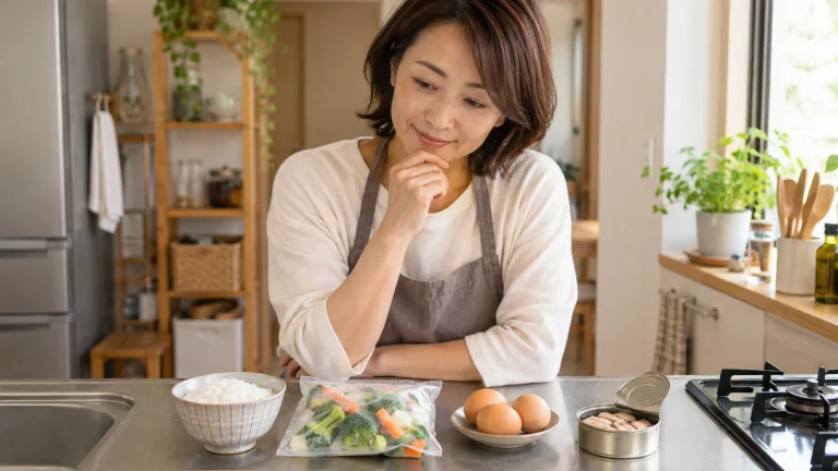 一人分の食材を前に、手間の少ない食事を考える女性
