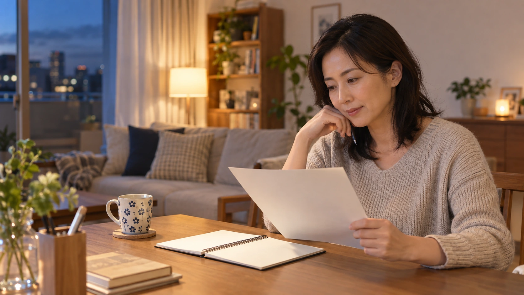 一人暮らしの40代女性が自宅で空白の書類とノートを見直している様子