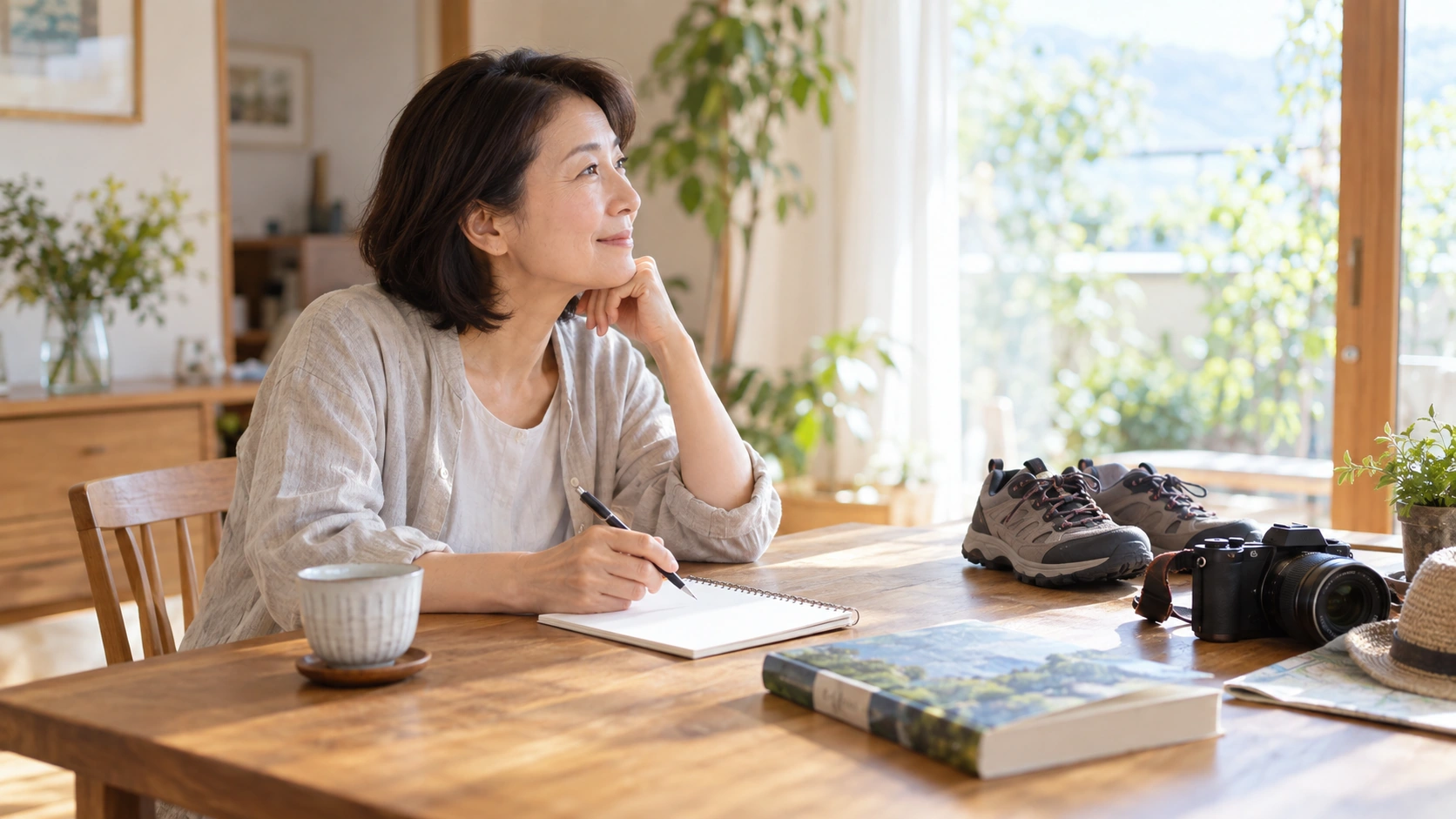 50代の女性が自宅で空白のノートと趣味の道具を見直している様子