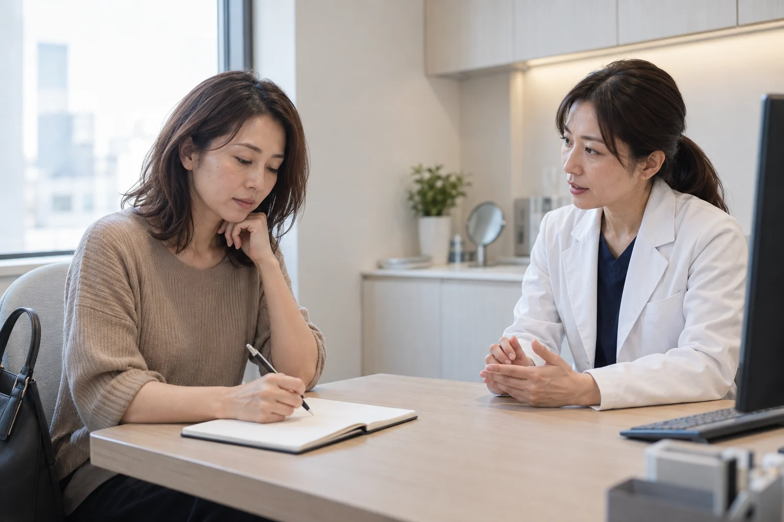 美容医療の初回相談で医師の説明を聞きながら質問をノートに書く女性